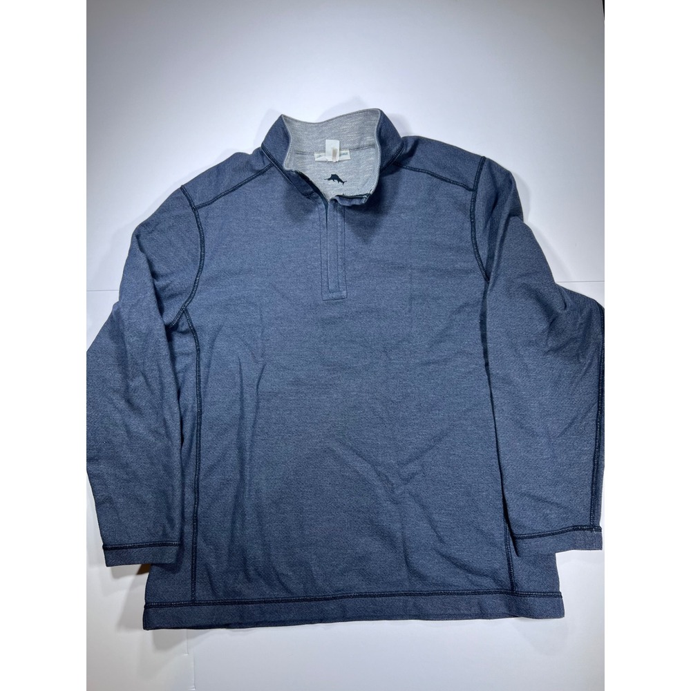 Tommy Bahama Pullover Men Large Blue Reversible Herringbone Quarter Zip MockNeck